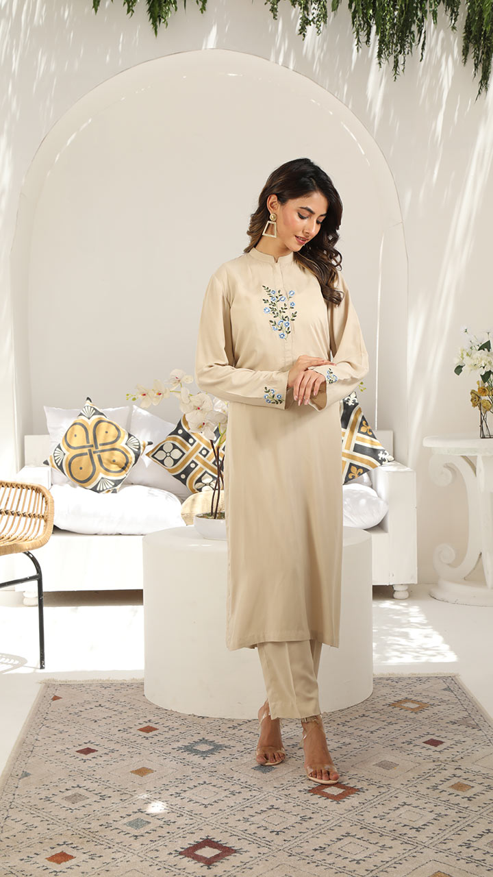 SAND- 2 PIECE EMBROIDERED SUIT (STITCHED)
