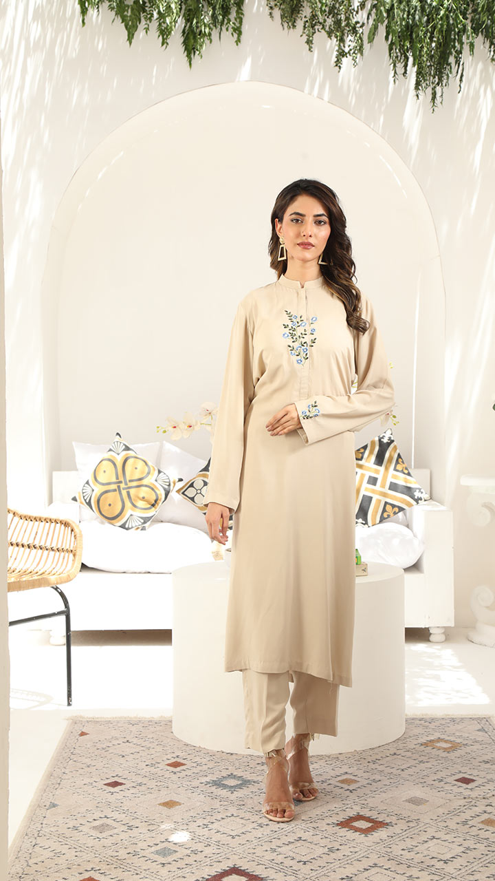 SAND- 2 PIECE EMBROIDERED SUIT (STITCHED)