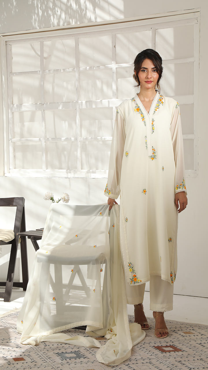 DAFFODILS- 3 PIECE EMBROIDERED SUIT (STITCHED)